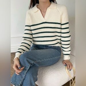 Pullover Sweater Striped Raglan Sleeve Sweater Casual Knit Jumper Tops Size M